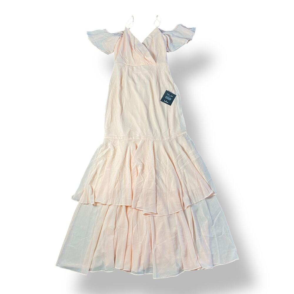 Lulus NWT Brilliant Perfection Blush Pink Cold-Shoulder Tiered Maxi Dress Size S